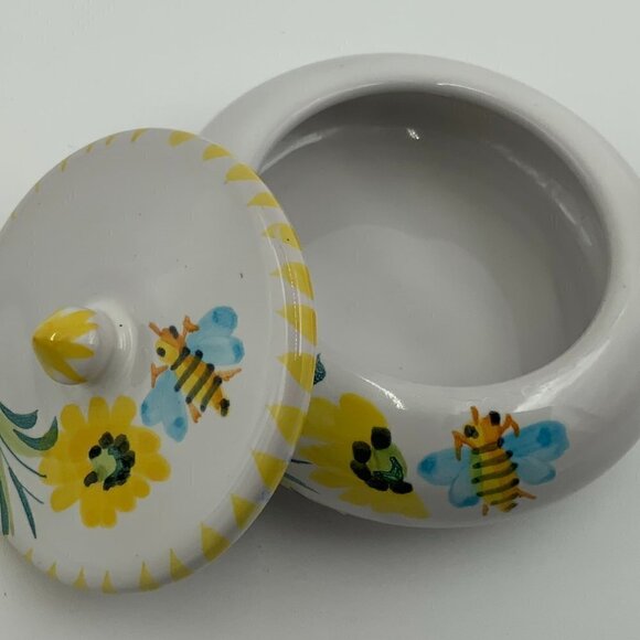 Italian Hand Painted Round Pottery Bumble Bee Trinket Box w/Lid Italy Marked - Picture 4 of 10